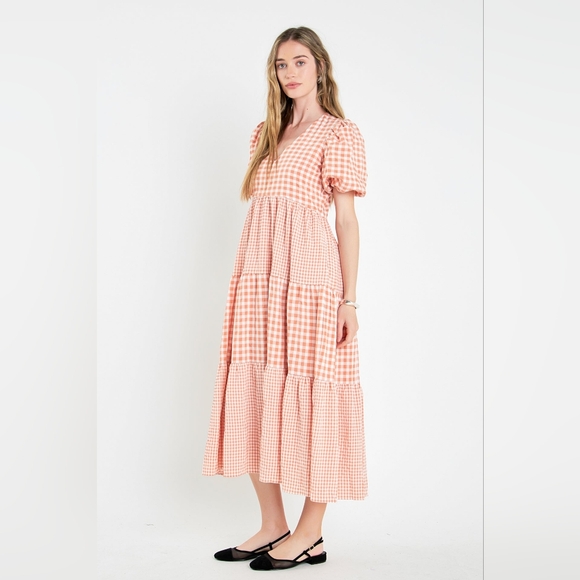 Gingham Puff Sleeve Midi Dress - Pink - Picture 1 of 5